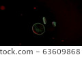 Red blood cells with viruses under the microscope . Virus infection  illustration. Blood poisoning. Large round bacteria. 63609868