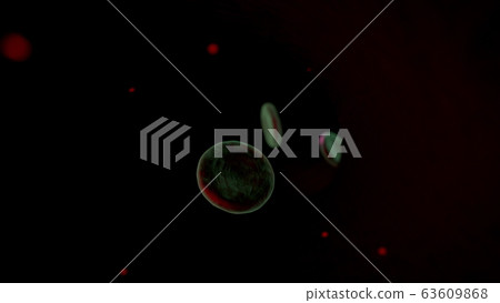 Red blood cells with viruses under the microscope . Virus infection illustration. Blood poisoning. Large round bacteria. Red blood cells with viruses under the microscope . Virus infection illustration. Blood poisoning. Large round bacteria. 63609868