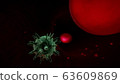 Red blood cells with viruses under the microscope . Virus infection  illustration. Blood poisoning. Large round bacteria. 63609869