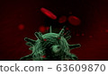 Red blood cells with viruses under the microscope . Virus infection  illustration. Blood poisoning. Large round bacteria. 63609870
