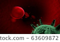 Red blood cells with viruses under the microscope . Virus infection  illustration. Blood poisoning. Large round bacteria. 63609872