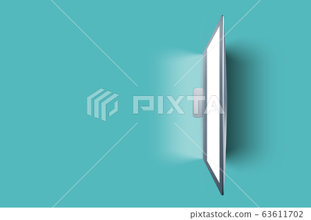 Blank computer display on a turquoise table. 63611702