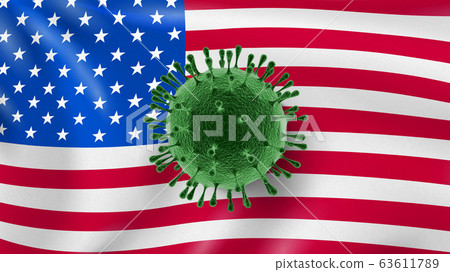 Molecule of Coronavirus on the background of American flag. 63611789