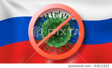 Prohibition sign with crossed out Coronavirus molecule on the background of Russian flag. 63611825