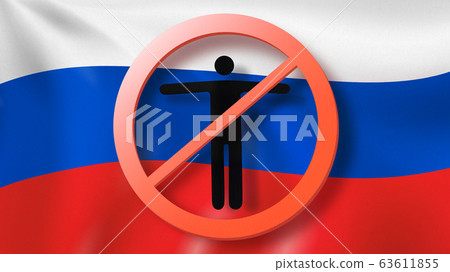Warning sign with crossed out man on a background Russian flag. Warning sign with crossed out man on a background Russian flag. 63611855