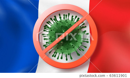 Warning sign with crossed out Coronavirus molecule on the background of French flag. Warning sign with crossed out Coronavirus molecule on the background of French flag. 63611901