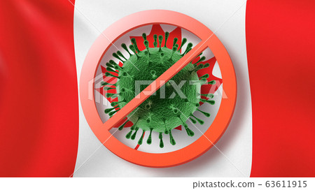 Warning sign with crossed out Coronavirus bacteria on the background of Canadian flag. 63611915