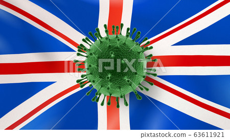 Coronavirus bacteria on the background of British flag. 63611921