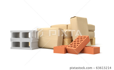 3d rendering of pile of light brown paper parcels with several cinderblocks and red perforated bricks on white background. 63613214