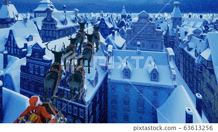 Santa Claus flies on a Christmas sleigh over a small ancient snowy night town. The concept of Christmas. 3D Rendering 63613256