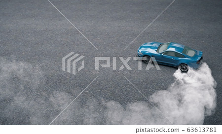 Drift sports car on the asphalt. Thick smoke from burning tires. 3D Rendering 63613781