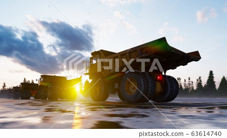 Big yellow huge quarry trucks are going to the construction site. Dump trucks of the quarry industry. The concept of the construction. 3D Rendering Big yellow huge quarry trucks are going to the construction site. Dump trucks of the quarry industry. The concept of the construction. 3D Rendering 63614740