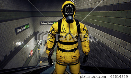 A survivor in chemical protective clothing rises to the surface from a deserted subway. The concept of a post-apocalyptic world after a global pandemic. 3D Rendering 63614839