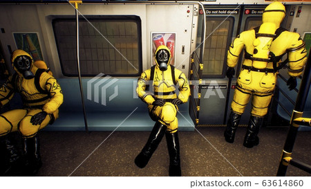 People in protective suits ride a commuter train during a pandemic. The concept of a post-apocalyptic world during a global epidemic. 3D Rendering People in protective suits ride a commuter train during a pandemic. The concept of a post-apocalyptic world during a global epidemic. 3D Rendering 63614860