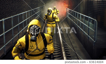 People in chemical protective clothing run out of the tunnel to go to fight the epidemic. The concept of a post-apocalyptic world after a global pandemic. 3D Rendering 63614884