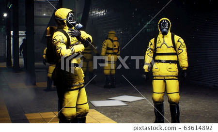 Doctors in protective chemical clothing are waiting for the train to go to fight the pandemic. The concept of a post-apocalyptic world after a global pandemic. 3D Rendering Doctors in protective chemical clothing are waiting for the train to go to fight the pandemic. The concept of a post-apocalyptic world after a global pandemic. 3D Rendering 63614892