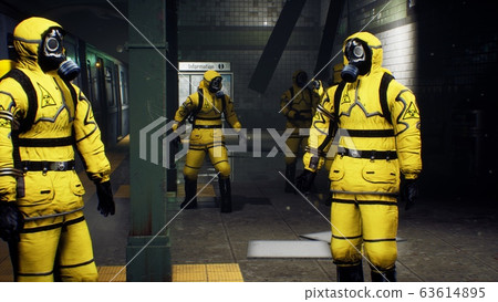 Doctors in protective chemical clothing are waiting for the train to go to fight the pandemic. The concept of a post-apocalyptic world after a global pandemic. 3D Rendering Doctors in protective chemical clothing are waiting for the train to go to fight the pandemic. The concept of a post-apocalyptic world after a global pandemic. 3D Rendering 63614895