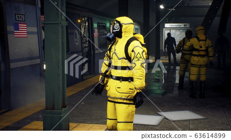 People in chemical protective clothing are waiting for the train to go to fight the epidemic. The concept of a post-apocalyptic world after a global pandemic. 3D Rendering 63614899