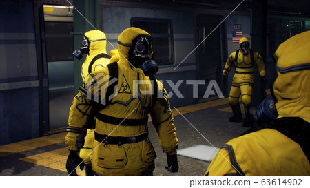 Doctors in protective chemical clothing are waiting for the train to go to fight the pandemic. The concept of a post-apocalyptic world after a global pandemic. 3D Rendering 63614902