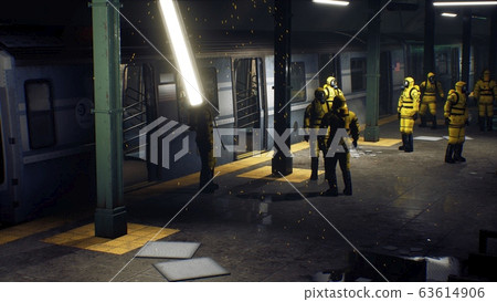 People in chemical protective clothing are waiting for the train to go to fight the epidemic. The concept of a post-apocalyptic world after a global pandemic. 3D Rendering People in chemical protective clothing are waiting for the train to go to fight the epidemic. The concept of a post-apocalyptic world after a global pandemic. 3D Rendering 63614906