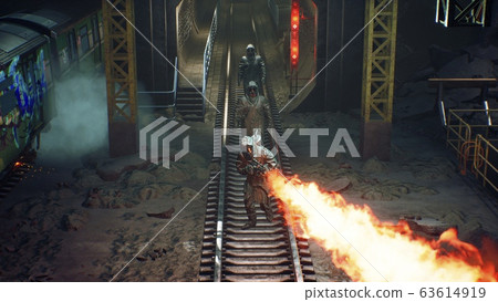 Stalkers in chemical protective clothing walk along an abandoned subway with a flamethrower during a virus epidemic. The concept of a post-apocalyptic world after a nuclear war. 3D Rendering Stalkers in chemical protective clothing walk along an abandoned subway with a flamethrower during a virus epidemic. The concept of a post-apocalyptic world after a nuclear war. 3D Rendering 63614919