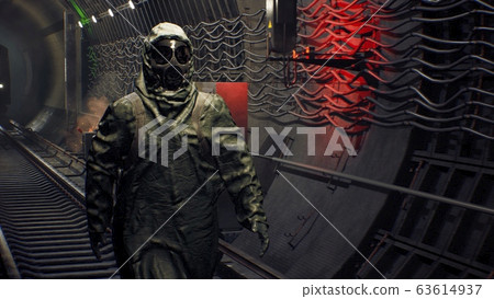 A stray man in military protective clothing and a gas mask is walking along an abandoned subway. The concept of a post-apocalyptic world after a nuclear war. 3D Rendering 63614937