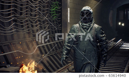 A stray man in military protective clothing and a gas mask is walking along an abandoned subway. The concept of a post-apocalyptic world after a nuclear war. 3D Rendering A stray man in military protective clothing and a gas mask is walking along an abandoned subway. The concept of a post-apocalyptic world after a nuclear war. 3D Rendering 63614940