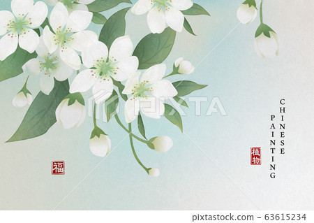 Chinese ink painting art background plant elegant flower pear blossom. Chinese translation 63615234
