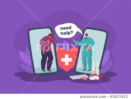 Online medical care and diagnosis via mobile telephone app concept vector illustration. 63615421