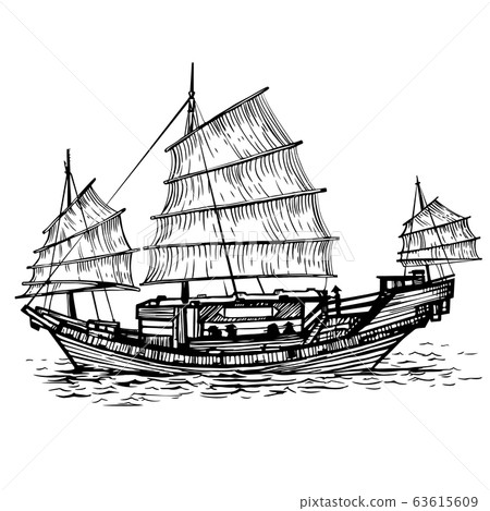 Black and white vector illustration of Chinese ship 63615609