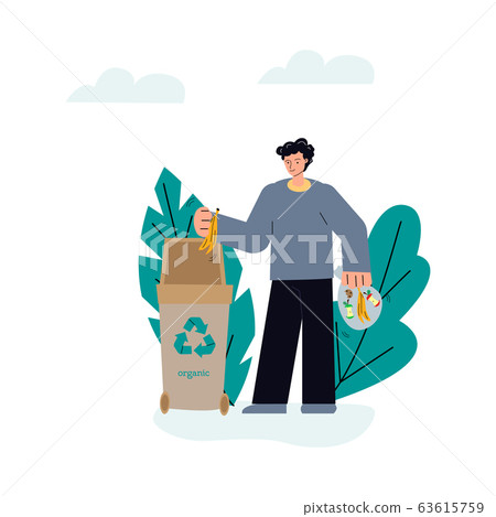 Man recycling food waste in in garbage can with recycle sign 63615759