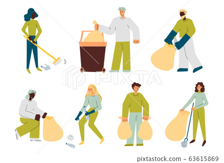 Set of diverse people characters cleaning streets sketch vector illustration. Set of diverse people characters cleaning streets sketch vector illustration. 63615869