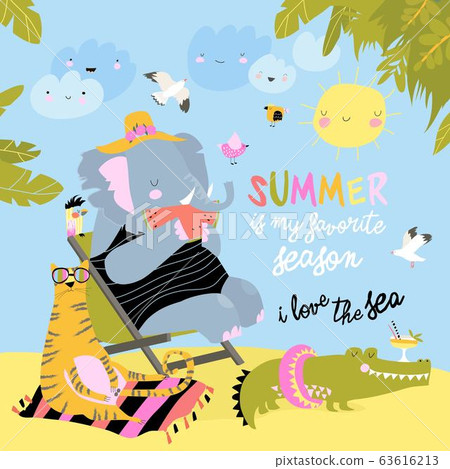 Cute cartoon animals sunbathing on beach. Hello summer Cute cartoon animals sunbathing on beach. Hello summer 63616213