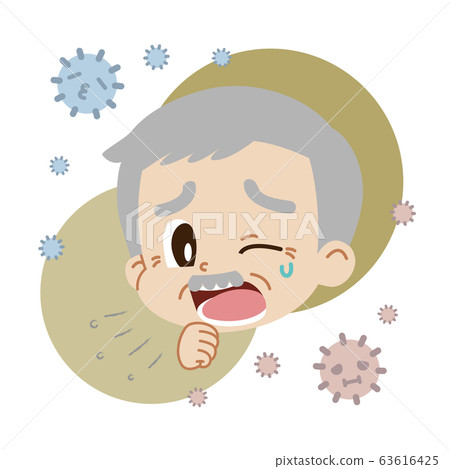 Illustration of an elderly man coughing and house dust (no main line) 63616425