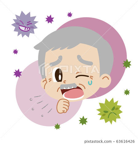 Illustration of an elderly man coughing and a virus (no main line) 63616426