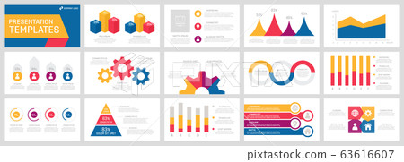 Set of yellow, pink, purple and blue elements for multipurpose presentation template slides with graphs and charts. Set of yellow, pink, purple and blue elements for multipurpose presentation template slides with graphs and charts. 63616607