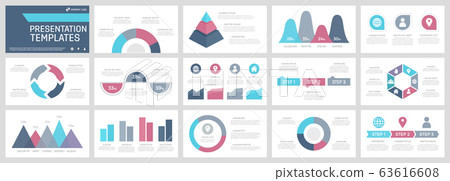 Set of turquoise, grey, pink, blue and purple elements for multipurpose presentation template slides with graphs and charts. Set of turquoise, grey, pink, blue and purple elements for multipurpose presentation template slides with graphs and charts. 63616608