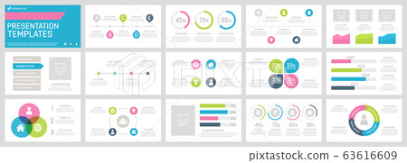 Set of green, blue, dark grey and pink elements for multipurpose presentation template slides with graphs and charts. Set of green, blue, dark grey and pink elements for multipurpose presentation template slides with graphs and charts. 63616609