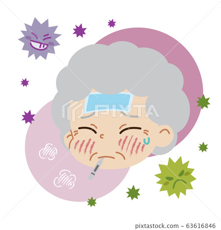 Illustration of an elderly woman with a fever and a virus (no main line) 63616846