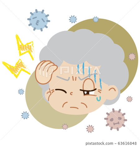 Illustration of an elderly woman suffering from a headache and house dust (no main line) 63616848