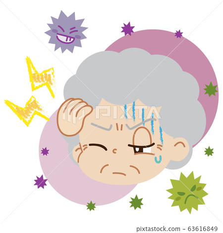 Illustration of an elderly woman suffering from headache and virus (no main line) 63616849