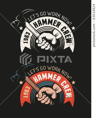 workshop retro logo Hand holding hammer workshop retro logo Hand holding hammer 63618824