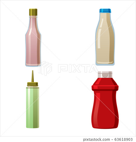 Bottles sauce and set. Soy Wasabi Mustard Ketchup Mayonnaise Creamy sauces. Food template, mock up plastic packaging, glass bottle. Vector cartoon style illustration isolated white background 63618903