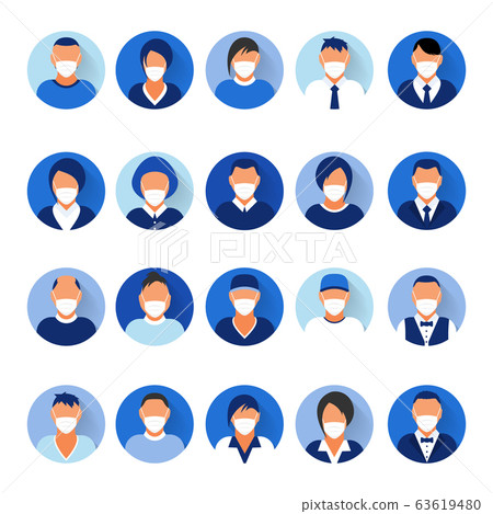 Flat modern minimal avatar icons with medical mask. Business concept, global communication. Web site Flat modern minimal avatar icons with medical mask. Business concept, global communication. Web site 63619480