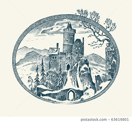 Medieval Castle. Historical antique chateau. Ancient mansion Scenery. Vintage vector landscape 63619801