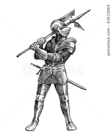 Medieval armed knight. Historical ancient military character. Prince with Battle axe. Ancient Medieval armed knight. Historical ancient military character. Prince with Battle axe. Ancient 63619864