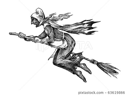 Witch flies on a broomstick. Ancient mythical fictional character. Engraved monochrome sketch. Hand Witch flies on a broomstick. Ancient mythical fictional character. Engraved monochrome sketch. Hand 63619866