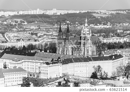 Aerial view of Prague Castle, Czech: Prazsky hrad, with Saint Vitus Cathedral. Panoramic view from Petrin lookout tower. Prague, Czech Republic Aerial view of Prague Castle, Czech: Prazsky hrad, with Saint Vitus Cathedral. Panoramic view from Petrin lookout tower. Prague, Czech Republic 63621514