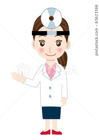 舉起她的手一個微笑的女醫生的插圖|內科醫生,外科醫生,全身白大褂 舉起她的手一個微笑的女醫生的插圖|內科醫生,外科醫生,全身白大褂 63623566