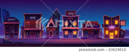 Vector western town with old buildings at night 63629618